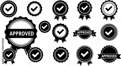 Approved stamps vector icons set. round, rectangular, approved seals collection.