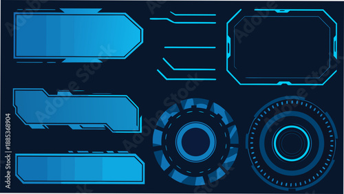 Futuristic user interface elements with glowing blue lines on a dark background