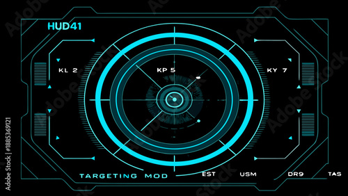 Futuristic targeting system display with a bright teal circular reticle interface