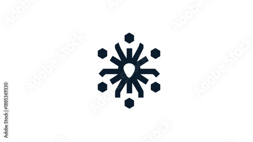 A dark blue geometric design featuring hexagonal shapes, radiating from a central teardrop shape