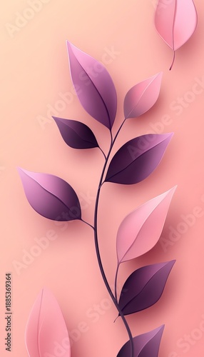 Delicate Purple and Pink Leaves on a Soft Peach Background, Abstract Floral Design for Spring Decor