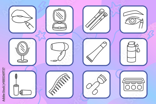 Makeup set icon. Lipstick, foundation, brushes, mirror, palette, comb, eye pencil, mascara, cream, dryer essential beauty tools for applying makeup and personal grooming.