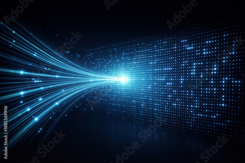 Bright blue digital light rays converge and flow toward a glowing point on a dark background composed of a matrix of illuminated dots and lines, creating a futuristic data transmission effect.