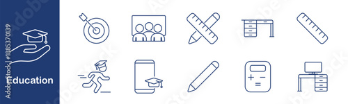 Education tool set icon. Cap, target, group, ruler, desk, pencil, runner, phone, calculator, monitor. Learning, student, goal, measure, digital, knowledge, app, achievement, writing, task.