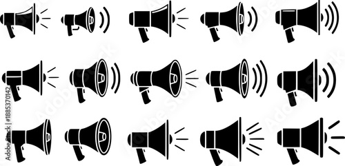 Megaphone Loudspeaker Icon Set with Sound Waves