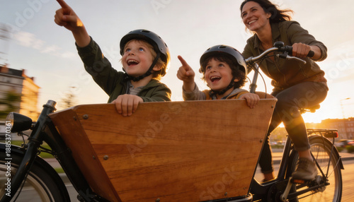 A joyful mother rides a cargo bike at sunset with her two excited children pointing ahead. A warm, golden hour scene capturing family adventure and sustainable urban transport.