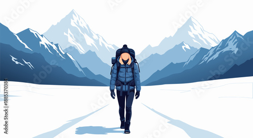 Vector illustration of a person with a backpack walking through a snowy mountain landscape