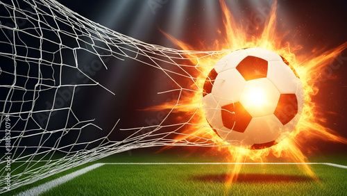 Soccer ball on fire hits soccer net with explosive force