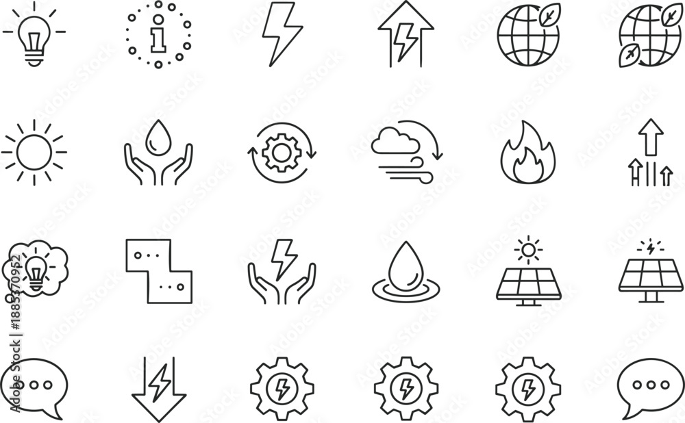 Fototapeta premium Comprehensive collection of green energy and environment line icons featuring solar panels light bulbs water drops and recycling.