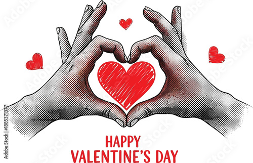 A pair of hands forming a heart shape around a vibrant red sketched heart celebrating valentine's day greetings.