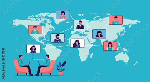 Global networking and remote team collaboration across world map with professionals connected through video conference.