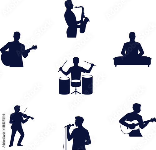 Musicians playing various instruments silhouettes band