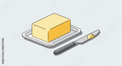 Fresh block of yellow butter on white serving dish with small knife symbolizing breakfast food and cooking ingredients.