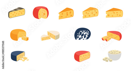 Various types of cheese shapes including wheels, wedges, and cubes isolated on white background for food illustration.