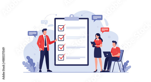 Professional team evaluating task completion and performance on giant clipboard with red checkmarks for project management.
