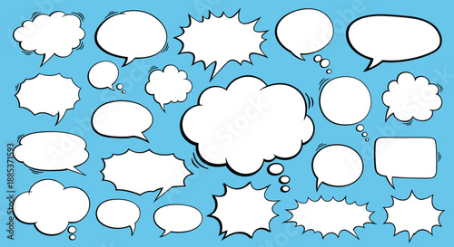 Collection of diverse comic speech bubbles and thought clouds in different shapes and styles isolated on a vibrant blue background.