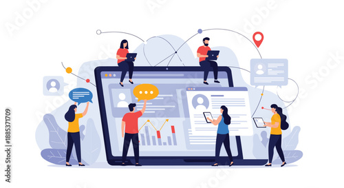 Team of professionals working on giant laptop computer symbolizing digital collaboration, data analysis, and online business.