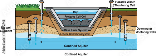 Cross-section diagram illustrates a landfill's protective cell with monitoring wells and a leachate collection system above a confined aquifer