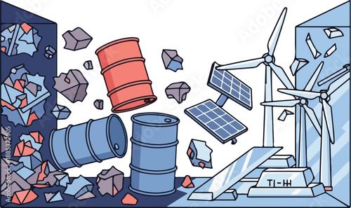 A vibrant illustration of a wind turbine, solar panel, and oil barrels amidst rubble and debris in an industrial landscape.