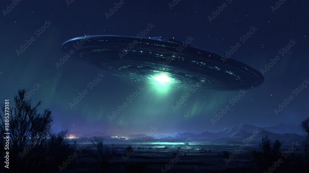 Obraz premium Mysterious night scene with a glowing flying saucer hovering over a desert landscape