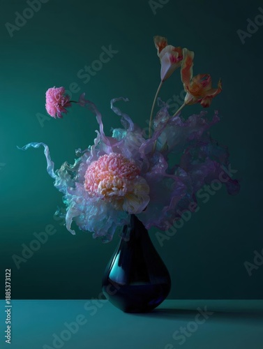 Photograph of a vase with a bouquet of flowers in it. the vase is black and is placed on a turquoise-colored surface.