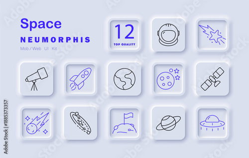 Space set icon. Rocket, telescope, astronaut, moon, stars, satellite, comet, UFO, planet, flag, earth cosmic exploration with astronomy, galaxy, orbit, mission, travel, spacecraft