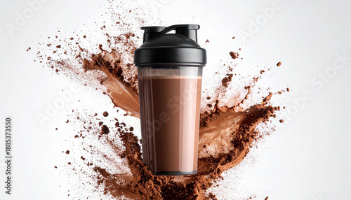 Plastic protein shaker bottle with chocolate powder explosion and splash, gym workout nutrition and bodybuilding concept