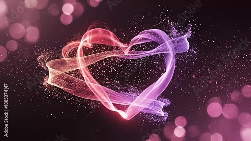 Vibrant pink heart shape made of swirling 4k video light trails on dark background