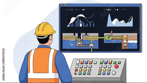 Industrial worker operates control panel with computer screen displaying graphs via RJ Whisk Auto system.