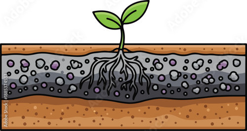 A small green seedling grows in soil with visible roots and bubbles via Whisk illustration.