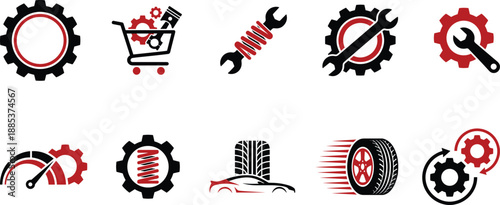 Automotive service and repair icons set featuring gears tools suspension tires speedometer and maintenance symbols for car workshop branding design