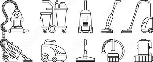 Cleaning equipment and vacuum cleaner icons set in outline style for housekeeping janitorial service commercial hygiene maintenance sanitation concepts professional home office interiors