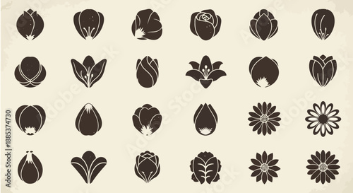 A collection of stylized flower icons and silhouettes in various shapes and forms, including buds and blossoms, presented in a simple dark brown on light beige color scheme.