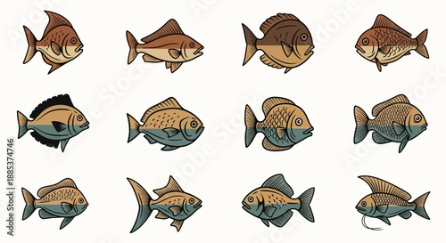 A collection of twelve stylized cartoon fish illustrations with varying shapes and fin designs.