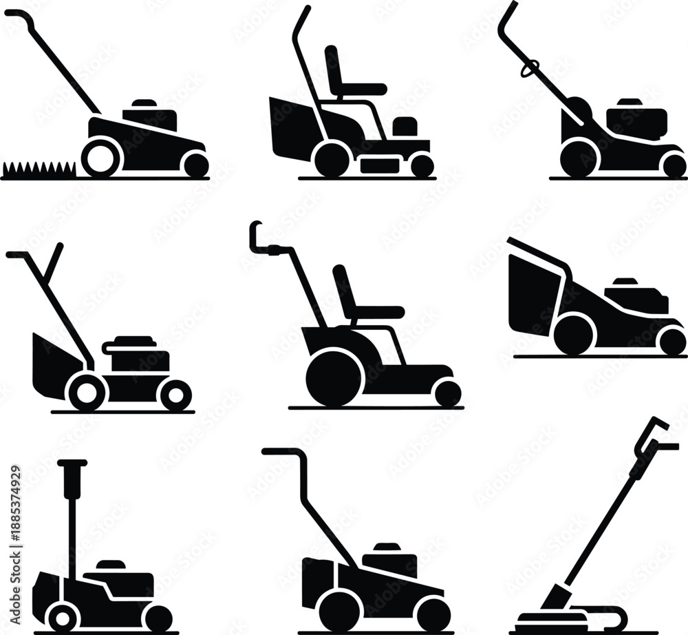 Fototapeta premium Grass cutting and lawn mower icons set in solid style for gardening landscaping yard maintenance equipment outdoor service concepts professional home commercial collection
