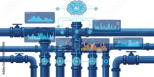 An industrial automation system with pipes, gauges, and screens displaying graphs and charts via RJ Whisk Auto technology.