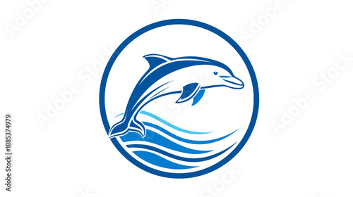 A leaping dolphin illustration in a blue circle over white. Water waves are below the leaping animal