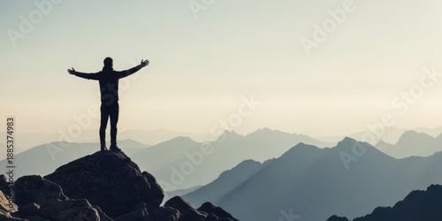 Silhouette man mountain success self confidence passionate professional inspiration communication people employee succeed achieving freedom sunrise sunset landscape nature outdoor travel goal