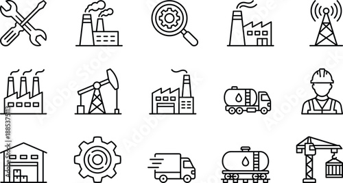 Industrial energy and manufacturing line icons set featuring factories oil gas logistics maintenance communication infrastructure symbols for power industry operations design
