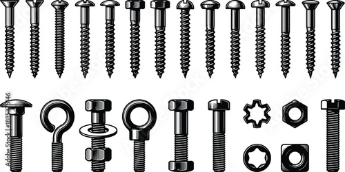 Industrial fasteners icon set showing screws, bolts, nuts, washers, and hooks in detailed vintage engraved outline style for construction and mechanical design