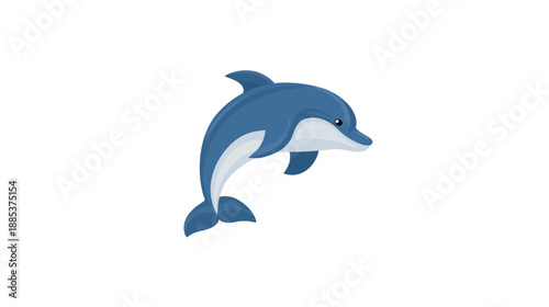 A cartoon dolphin, blue and white, jumping, isolated on a white background, playful and bright