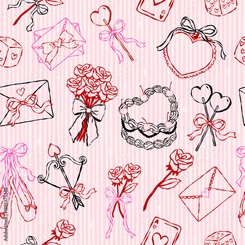 Coquette Seamless Pattern Valentine icons line art hand drawn in whimsical Groovy retro isolated on Stripes background