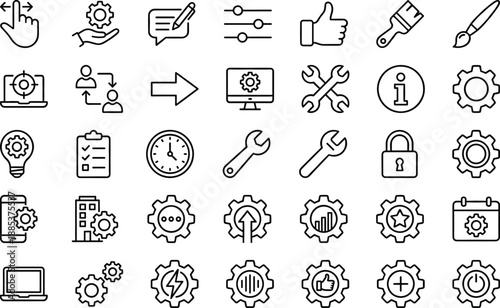 User interface and system settings outline icons set featuring interaction controls tools configuration symbols for web app software development design projects use