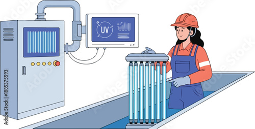 Industrial worker in orange safety gear checks UV water purification system