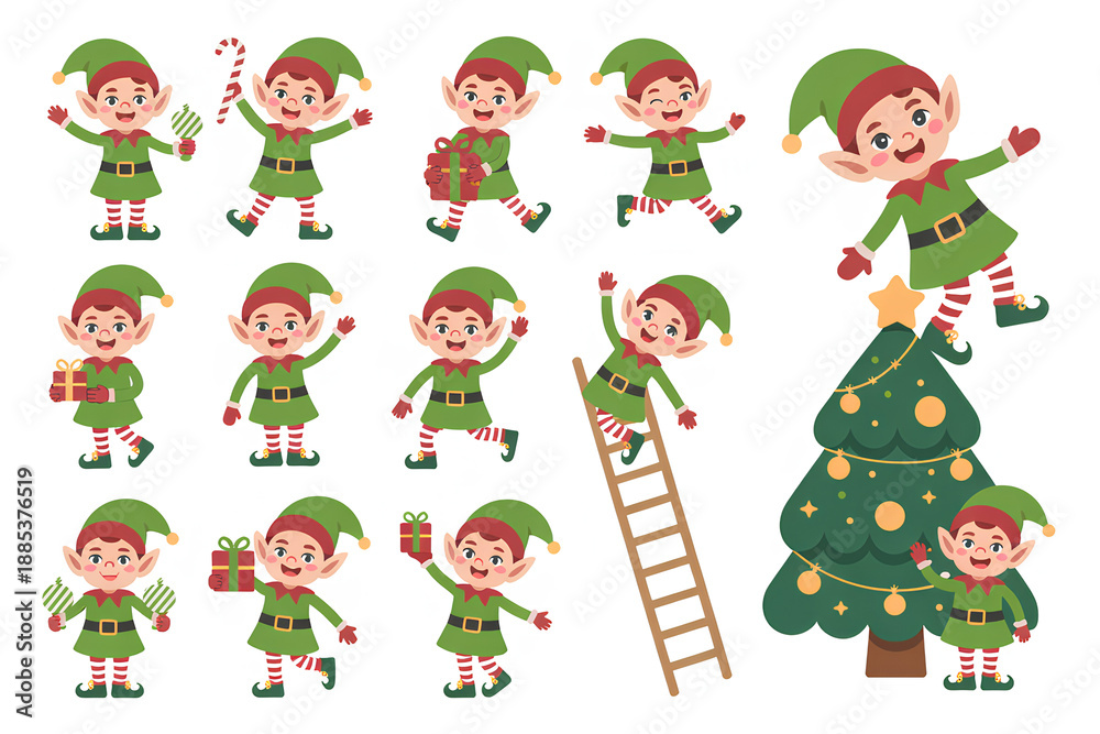 Naklejka premium Holiday elves collection decorating christmas tree and holding gifts for festive projects