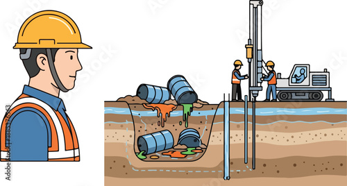Worker observes construction site with drilling machine and pipes underground