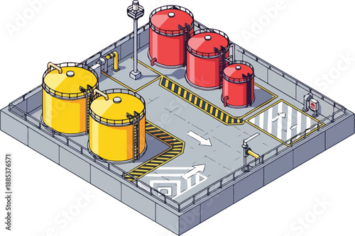 An industrial facility with multiple cylindrical storage tanks and safety markings on the ground in an outdoor setting viewed from above.