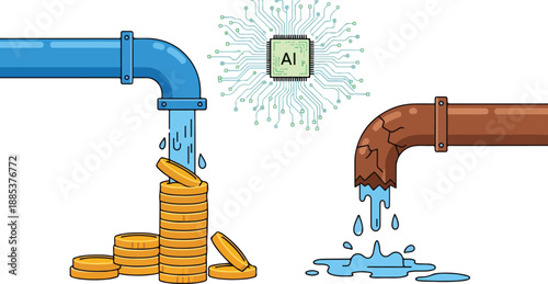 AI-driven financial transaction flowing through pipes, visualizing money transfer and digital payment processing