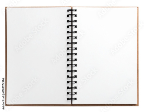 Open blank spiral bound sketchbook or notepad with white pages. Isolated on transparent background.