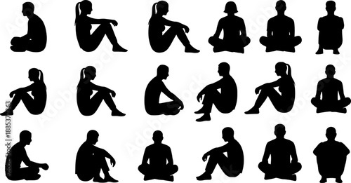 Sitting people silhouettes, men and women seated poses, casual posture collection, floor and chair positions, black figures on white background, vector illustration set